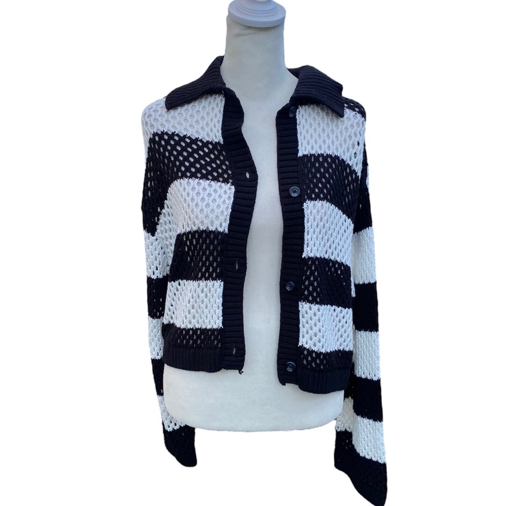H&M Knitted Black & White Striped Cropped Cardigan NEW
